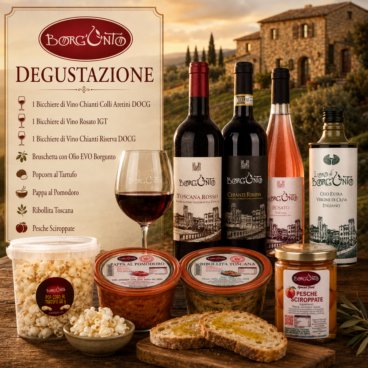 Degustazione Tre Vini, Bruschette EVO, Popcorn al Tartufo, Pappa al Pomodoro, Ribollita Toscana, Pesche Sciroppate