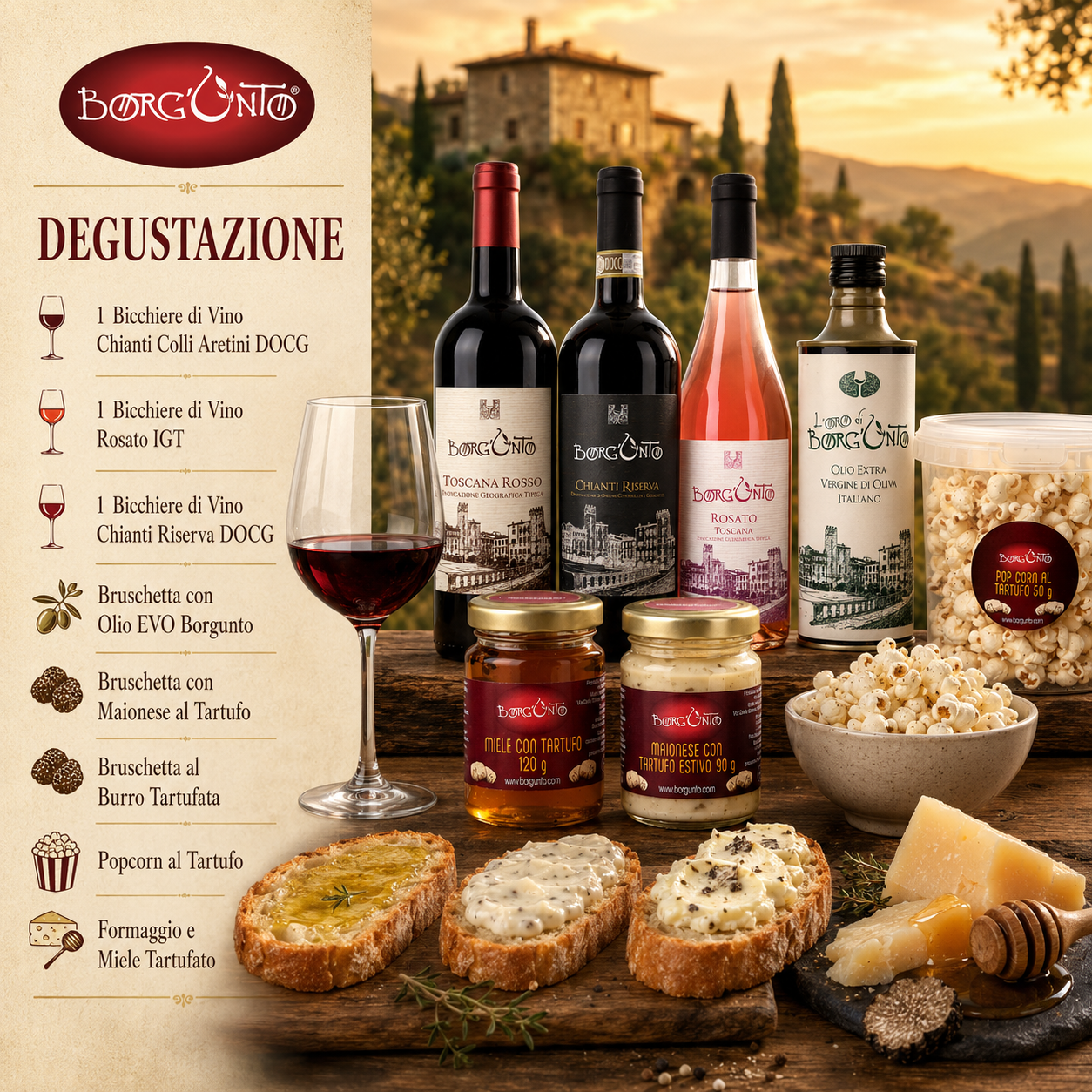 Degustazione Tre Vini, Bruschette EVO, Maionese al Tartufo, Burro Tartufato, Popcorn al Tartufo, Formaggio e Miele Tartufato