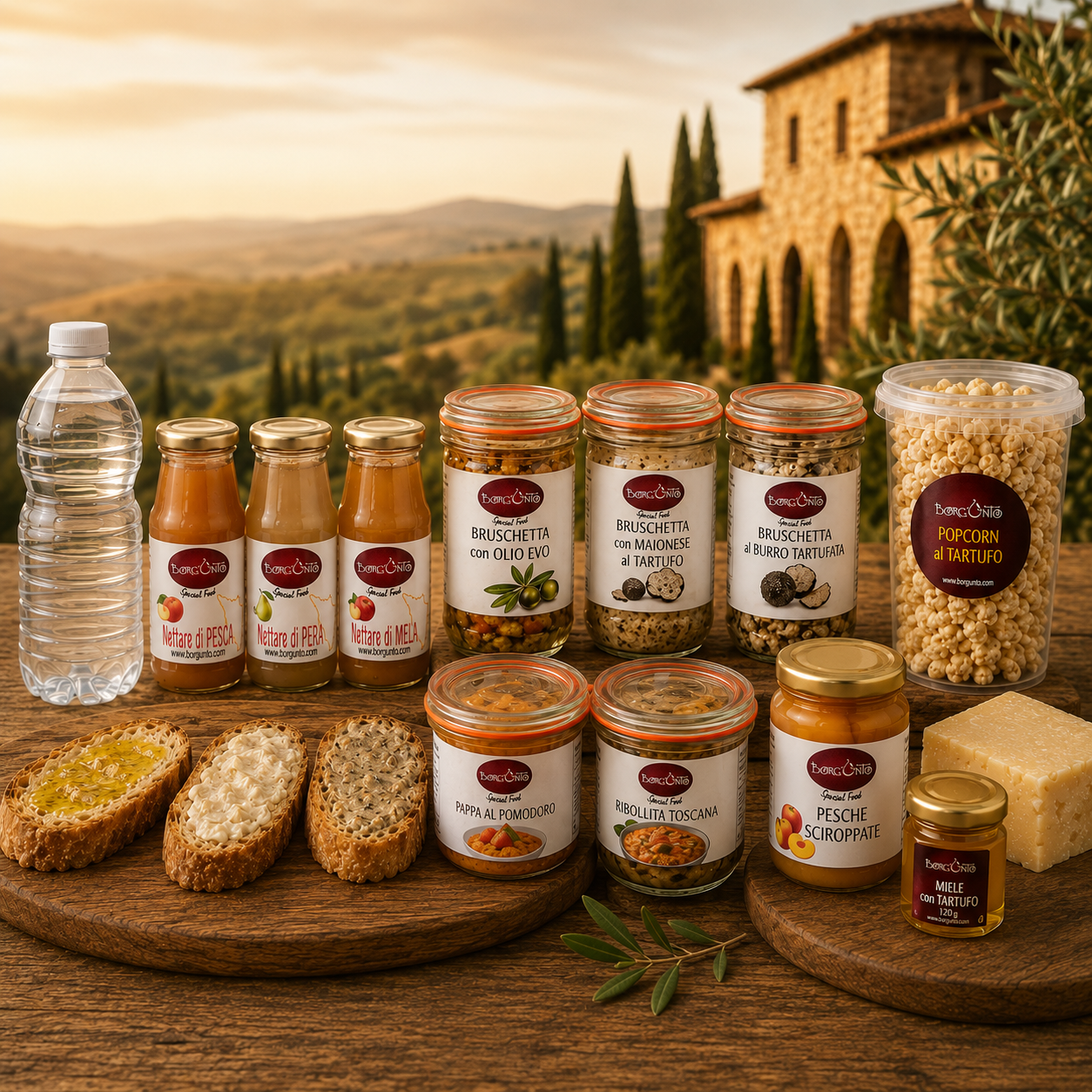 Degustazione Analcolica Completa: Acqua, Nettare di Borgunto, Bruschette EVO, Maionese al Tartufo, Burro Tartufato, Popcorn al Tartufo, Pappa al Pomodoro, Ribollita, Formaggio e Miele Tartufato, Pesche Sciroppate