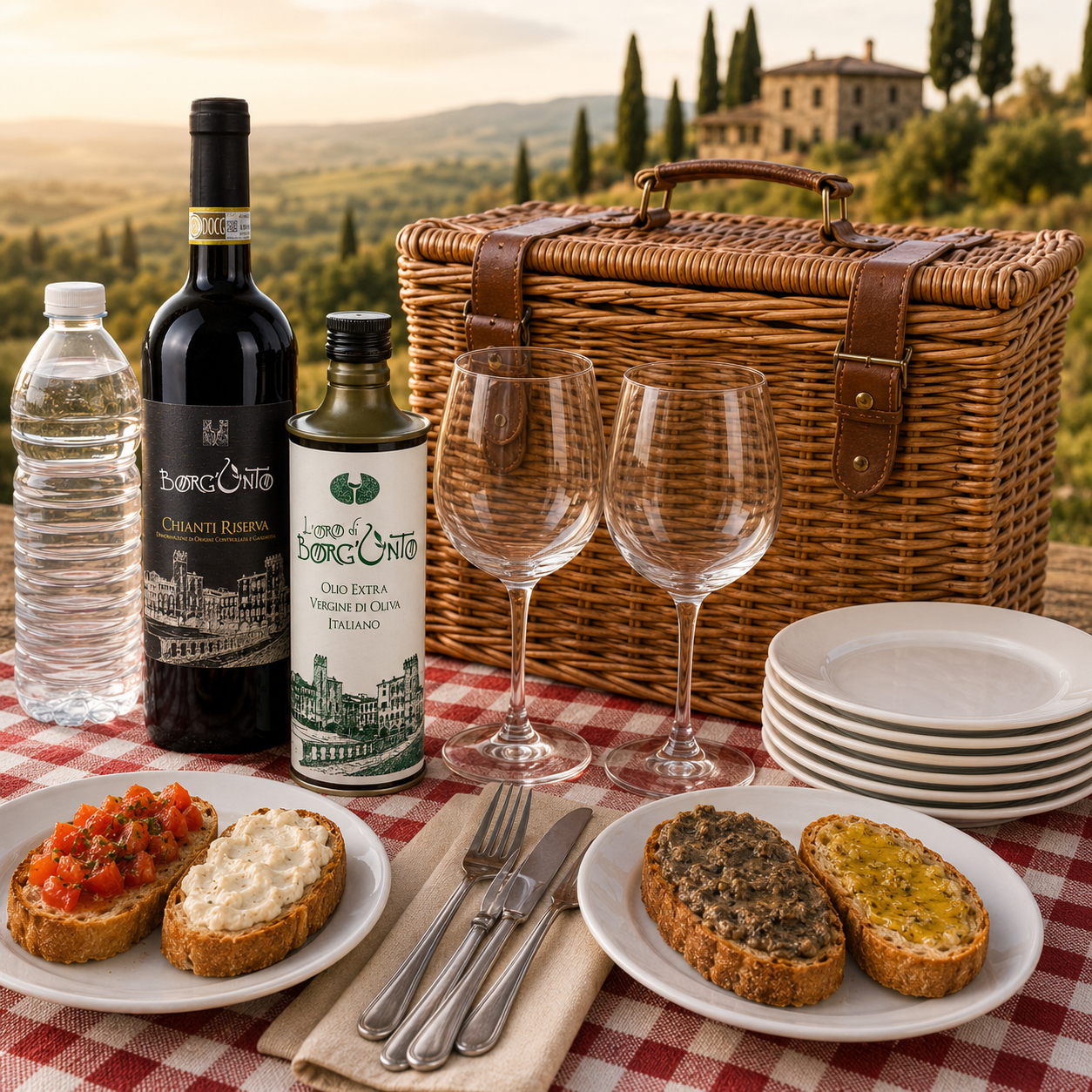 Degustazione Pic-Nic per 2: Chianti Colli Aretini, Bruschette, Olio EVO 500ml, Cesto Pic-Nic, Posate, Piatti, Bicchieri, Acqua + Box da Portare Via