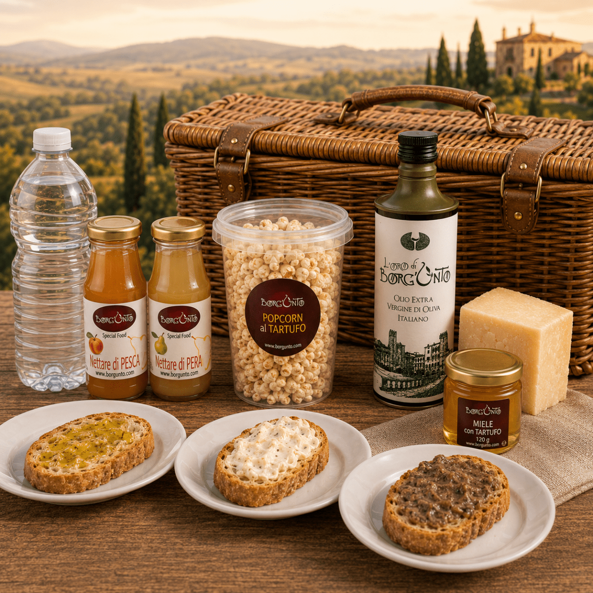 Degustazione Analcolica: Acqua, Nettare di Borgunto, Bruschette EVO, Maionese al Tartufo, Burro Tartufato, Popcorn al Tartufo, Formaggio e Miele Tartufato - Borgunto