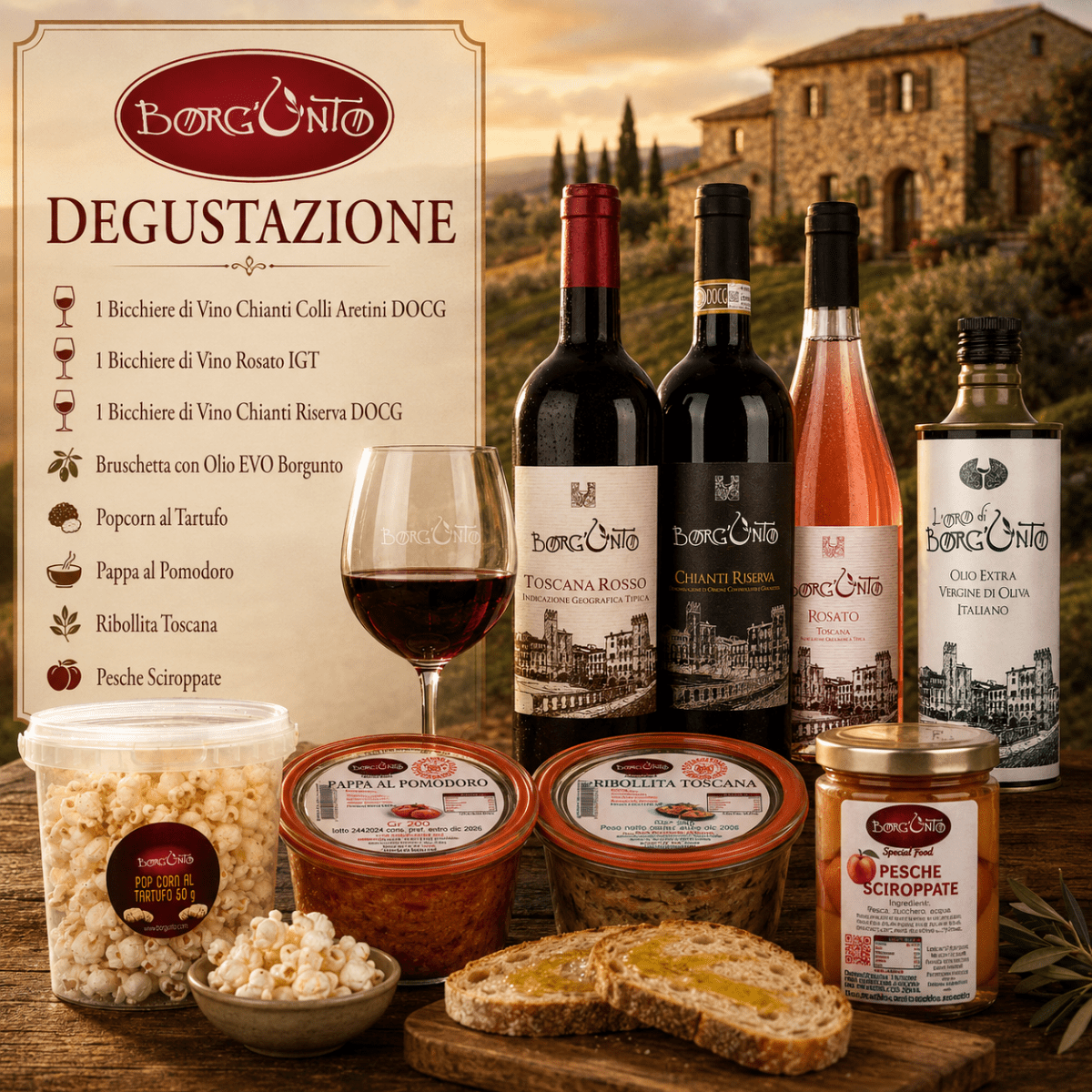 Degustazione Tre Vini, Bruschette EVO, Popcorn al Tartufo, Pappa al Pomodoro, Ribollita Toscana, Pesche Sciroppate - Borgunto