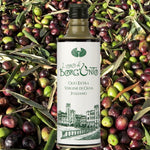 L’oro di Borg’Unto — Olio Extra Vergine di Oliva Italiano su sfondo di olive fresche dei Colli Aretini