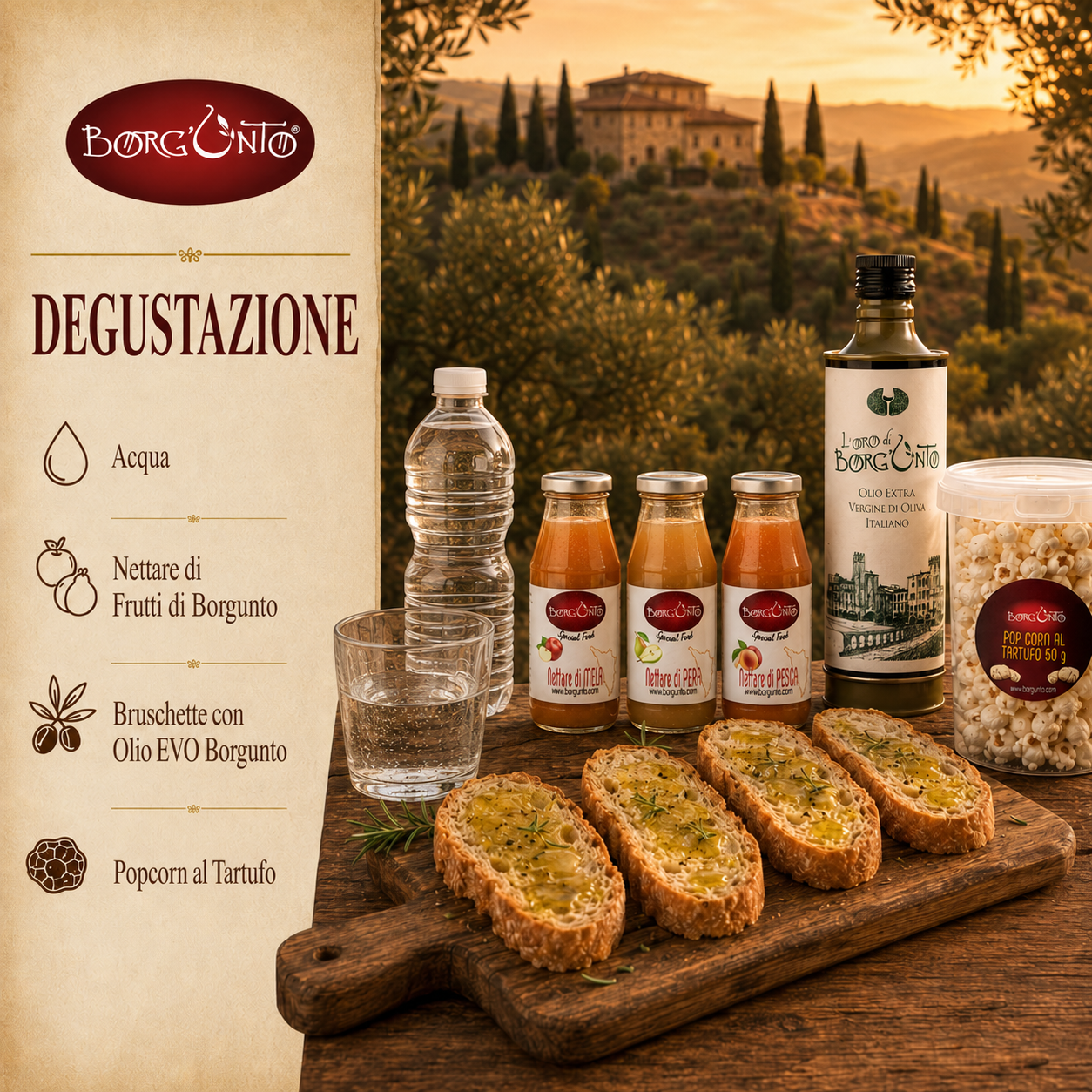 Degustazione Analcolica: Acqua, Nettare di Frutti di Borgunto, Bruschette EVO, Popcorn al Tartufo