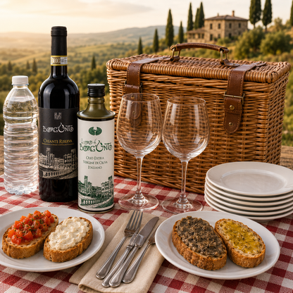 Degustazione Pic-Nic per 2: Chianti Colli Aretini, Bruschette, Olio EVO 500ml, Cesto Pic-Nic, Posate, Piatti, Bicchieri, Acqua + Box da Portare Via