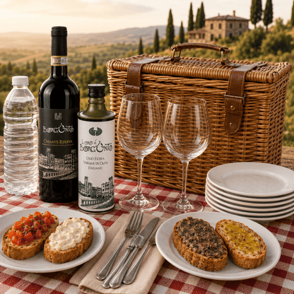 Degustazione Pic - Nic per 2: Chianti Colli Aretini, Bruschette, Olio EVO 500ml, Cesto Pic - Nic, Posate, Piatti, Bicchieri, Acqua + Box da Portare Via - Borgunto
