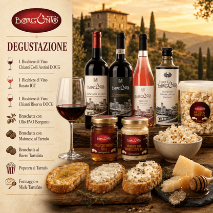 Degustazione Tre Vini, Bruschette EVO, Maionese al Tartufo, Burro Tartufato, Popcorn al Tartufo, Formaggio e Miele Tartufato - Borgunto