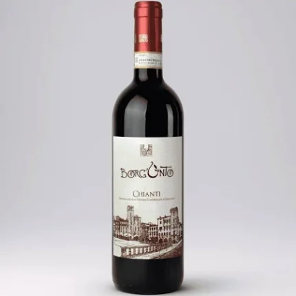 Bottiglia Chianti DOCG Borgunto Toscana con capsula rossa e etichetta bianca illustrazione architettonica - vino rosso italiano tradizionale 750ml