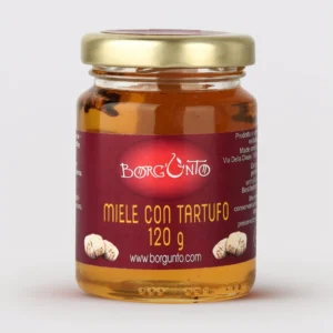 Miele con tartufo Borgunto 120g in vasetto vetro con coperchio dorato ed etichetta bordeaux - miele artigianale italiano con tartufo pezzi visibili