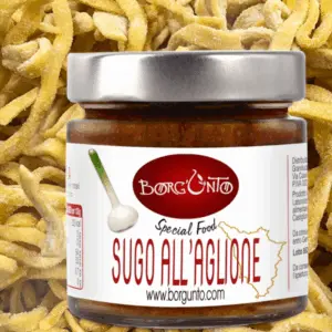 Condimento tradizionale toscano con Aglione della Valdichiana, pomodoro e olio EVO Borgunto.