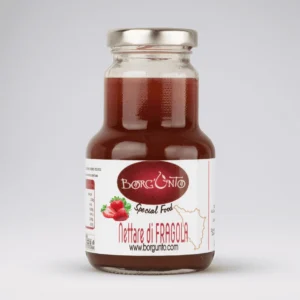 Barattolo vetro nettare di fragola biologico artigianale Borgunto Toscana con etichetta rossa e fragole fresche - succo frutta senza conservanti
