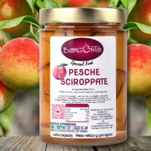 Vasetto di pesche sciroppate artigianali Borgunto con pesche della Valdichiana in sciroppo naturale, senza conservanti né coloranti.
