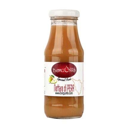 Bottiglia di nettare di pera biologico Borgunto, bevanda artigianale toscana con pere selezionate della Valdichiana senza additivi.
