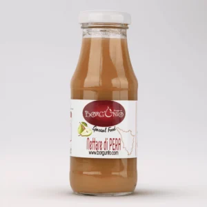 Bottiglia di nettare di pera biologico Borgunto, bevanda artigianale toscana con pere selezionate della Valdichiana senza additivi.